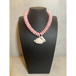 Vintage Parrot Pearls white bunny necklace with ceramic pink painted beads